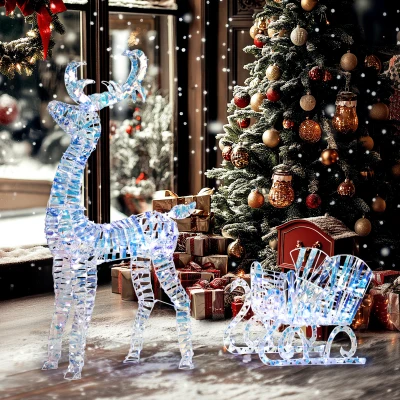Outsunny Rentier und Schlitten beleuchtet zu Weihnachten mit 170 warmweißen LEDs, Weihnachtsdekoration für Innen und Außen, 60x29x115cm