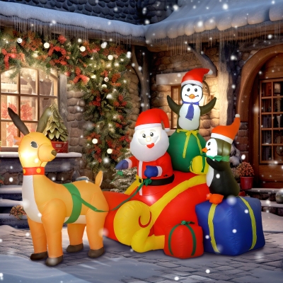Outsunny Papá Noel Hinchable con Trineo Pingüinos y Renos Luces LED Decoración de Navidad para Exterior e Interior 180x120x155 cm