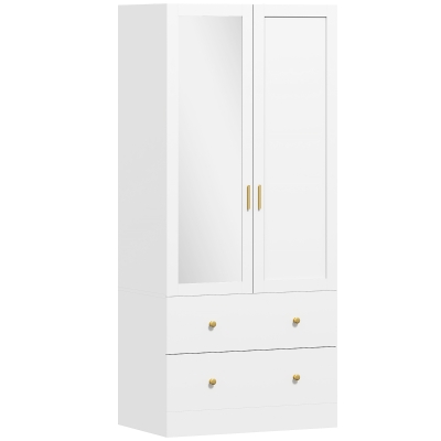 HOMCOM Kleiderschrank Schlafzimmer mit Spiegel, 2 Türen, 2 Schubladen und Aufhängestange, 80 x 50 x 180 cm, weiß
