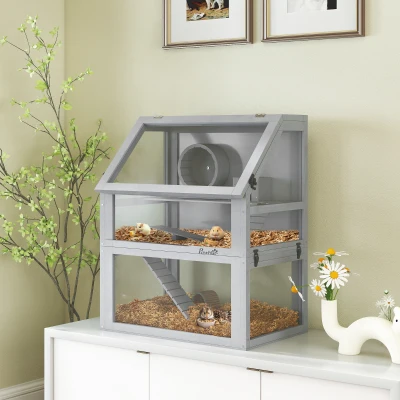 PawHut Wooden Hamster Cage with Hut & Wheel Light Grey 60x40x75cm