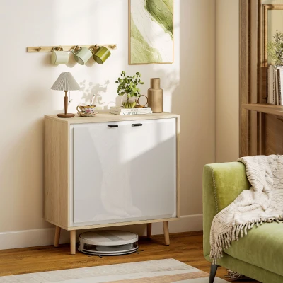 HOMCOM Credenza Moderna 2 Ante 72x35x77cm Bianco Lucido e Rovere