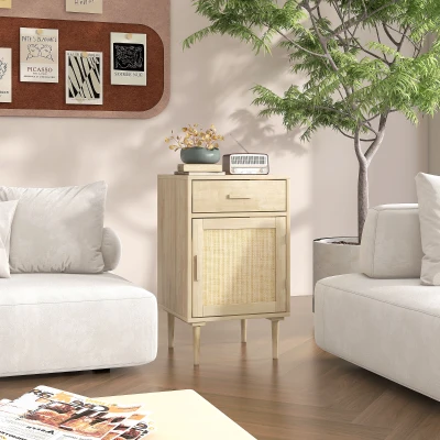 HOMCOM Rattan Bedside Table with Drawer, Adjustable Shelf, Natural Wood Effect