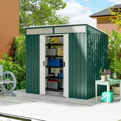 Outsunny Abrigo de Jardim 2 m² 195x122x181,5 cm Abrigo de Armazenamento Metálico com Porta de Correr e 2 Janelas Verde