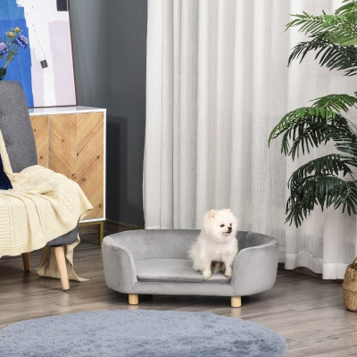 PawHut Sofá para Perros Pequeños con Patas de Madera Funda Lavable y Cojín Desmontable 86x55x33 cm Gris Claro