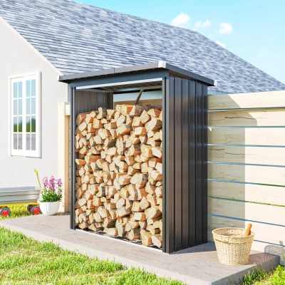 Outsunny Cobertizo para Leña en Acero Exterior, Base Elevada y Techo Inclinado, 150x66.5x150 cm, Gris Oscuro