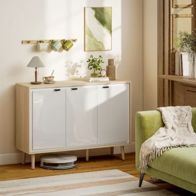 HOMCOM Credenza Moderna 3 Ante 107x35x77cm Bianco Lucido e Rovere