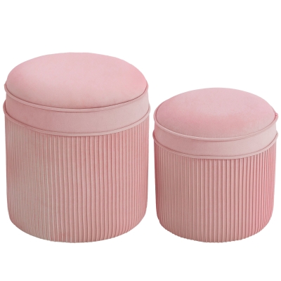 HOMCOM Set 2 Puff Reposapiés Redondos Apilables y Acolchados con Revestimiento de Terciopelo, Contenedor de 34,8L, Rosa