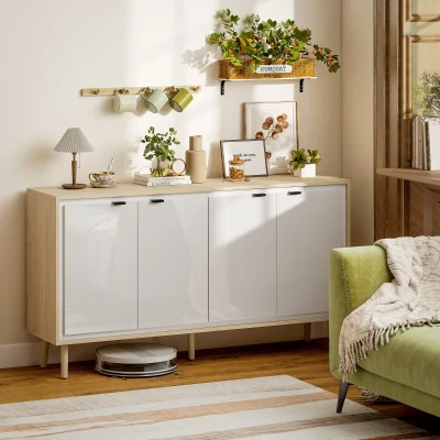 HOMCOM Credenza Moderna 4 Ante 141x35x77cm Bianco Lucido e Rovere