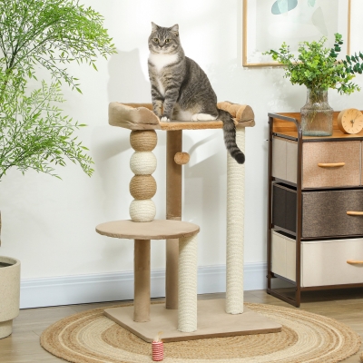 PawHut Arranhador para Gatos Arranhador para Gatos com Estofado em Borrego Plataformas Bola Suspensa e Poste de Juta 56x54x86 cm Marrom