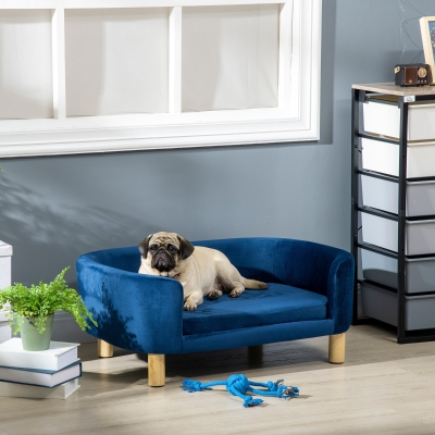 PawHut Sofá para Perros Pequeños con Patas de Madera Funda Lavable y Cojín Desmontable 86x55x33 cm Azul