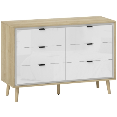 HOMCOM 6-Drawer Dresser Bedroom Dresser with Wooden Legs Modern Style 110x40x75 cm Glossy White and Oak