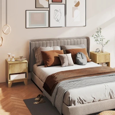 HOMCOM Set de 2 mesitas de noche estrechas, mesa auxiliar con compartimento abierto y 1 cajón, paneles acanalados 43x40x55 cm natural