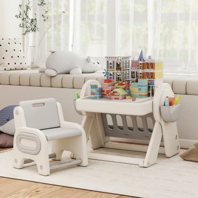 AIYAPLAY Multifunktionstisch für Kinder mit Regalboden und Schubladen, aus HDPE und PP, Grau und Weiß