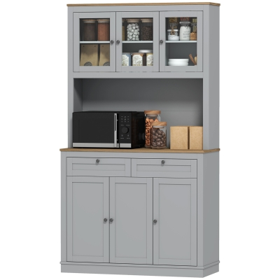 HOMCOM Armoire Cuisine Gris 3 Portes Verre 2 Tiroirs 100x40x180 cm