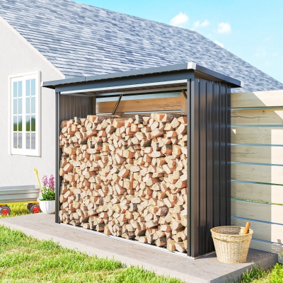 Outsunny Casetilla para Leña de Acero Galvanizado con Base Elevada y Techo Inclinado 213x66,5x150 cm Gris Oscuro