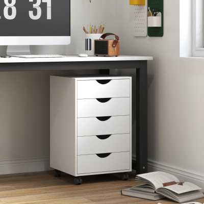 HOMCOM Cajonera Oficina con Ruedas y 5 Cajones Archivador Móvil, para Estudio Salón 40x40x67 cm Blanco