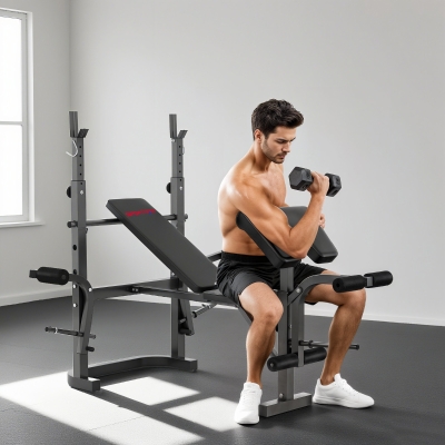SPORTNOW Banco de Musculación con Soporte para Barra Ajustable Extensión de Piernas Curl de Predicador y Mariposa para Gimnasio