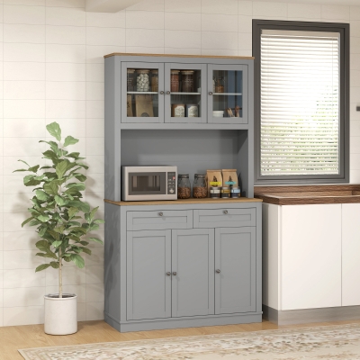 HOMCOM Alacena de Cocina con 3 Puertas de Vidrio Compartimento Abierto 2 Cajones y Estantes Ajustables 100x40x180 cm Gris