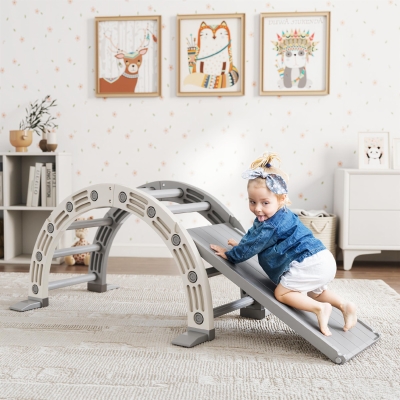 AIYAPLAY Escalada para Niños de 18-48 Meses 4 en 1 con Arco de Escalada Mecedora Rampa y Tobogán 164x70x57 cm Gris y Blanco