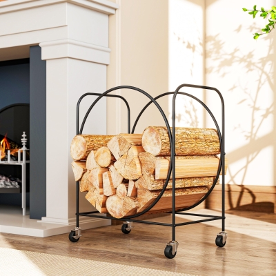 Outsunny Leñero Exterior Metálico de Chimenea Soporte para Leña con Ruedas para Interior y Exterior 51x30x60 cm Negro