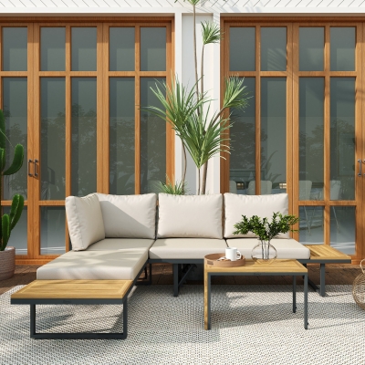 Outsunny Conjunto de Sofás de Exterior Modular de Acero y Madera de Acacia con Mesa Auxiliar y Cojines Extraíbles
