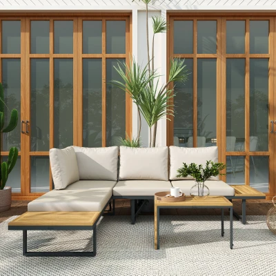 Outsunny Conjunto de Sofás de Exterior Modular de Acero y Madera de Acacia con Mesa Auxiliar y Cojines Extraíbles