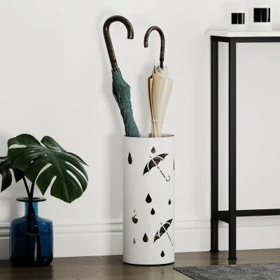 HOMCOM Regenschirmständer zylindrisch – verzinkter Stahl, Abtropfschale & 4 Haken, Ø 17 x 41 cm, weiß