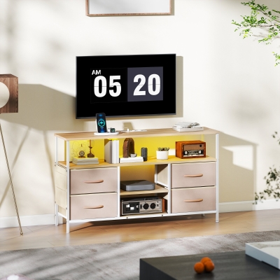 HOMCOM Mueble de TV con Luz LED y Enchufes Puertos USB Estantes Abiertos 4 Cajones plegables 120x30x67,5 cm Beige y Blanco