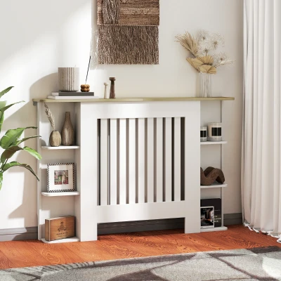 HOMCOM Cubre Radiadores con Estantes Cubreradiador de MDF Diseño Moderno de Listones para Salón Dormitorio 124x19x83 cm Blanco