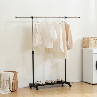 HOMCOM Tendedero Extensible con Ruedas con Barra de Acero Inoxidable y Estante para Zapatos 159x42x168 cm Negro y Plata