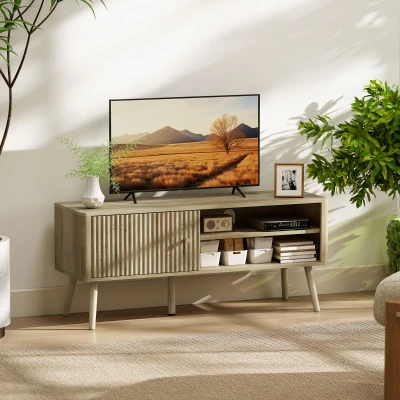 HOMCOM Mesa de TV con Puerta Estante Ajustable Compartimentos Abiertos y Orificio para Televisión hasta 55 Pulgadas Roble