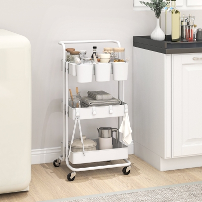 HOMCOM Carrito Auxiliar con Ruedas Carro de Almacenaje Multifuncional con Ganchos y Cajas Colgantes 42x38x86,5 cm Blanco