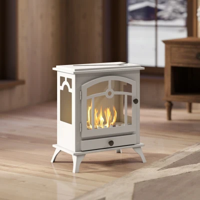 HOMCOM Estufa de Bioetanol de Pie con Tanque de 1,2 L Apagallamas de Acero Inoxidable Tiempo de Combustión 3H 45x28x54cm Blanco