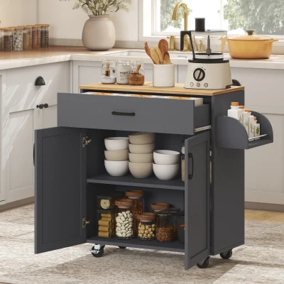 HOMCOM Isla de Cocina con Ruedas con Cajón Armario con Puertas Toallero y Especiero 105x36x85 cm Gris