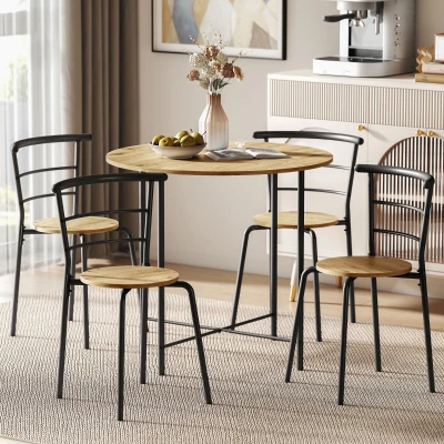HOMCOM Juego de Mesa y 4 Sillas de Comedor Redonda Estilo Industrial Marco Metálico para Espacios Pequeños Salón Natural