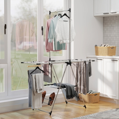 HOMCOM Tendedero Vertical Plegable con Alas Ajustables 4 Soportes para Calzado Barra y Estante 139x62,5x201 cm Plata