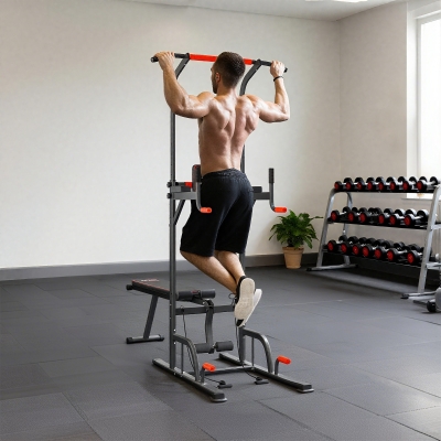 HOMCOM Estación de Musculación Multifuncional Torre de Entrenamiento Ajustable en Altura con Banco Plegable Barra de Dominadas para Fitness 220x98x181-229 cm Negro