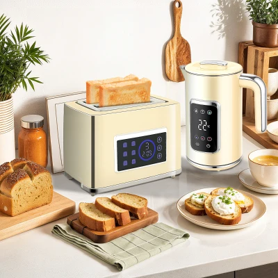 HOMCOM Set Desayuno con Pantalla LED Táctil Hervidor de Agua 1,7L 3000W Tostadora Pan Ranura Ancha 2 Rebanadas Crema