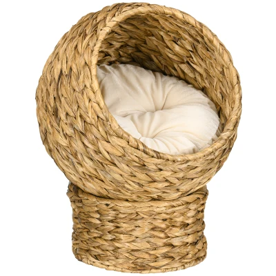 PawHut Rattan Katzenkorb Katzenhöhle Katzenhütte Katzenbett mit Kissen Haustierbett Wasserhyazinthe Braun 40 x 37 x 51 cm