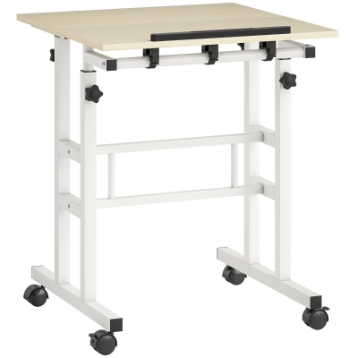 HOMCOM Steh-Sitz Schreibtisch 60×60 cm – höhenverstellbar, Rollen, neigbare Tischplatte, Metallgestell, natur