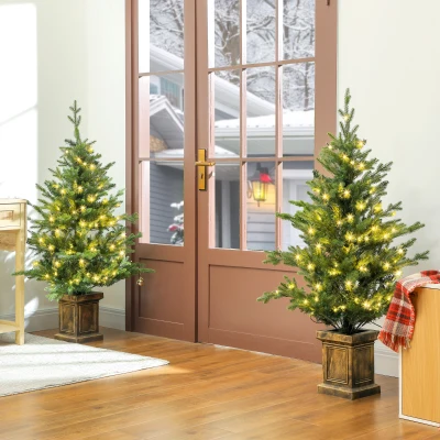 HOMCOM Set of 2 Artificial Christmas Trees with Lights Green
