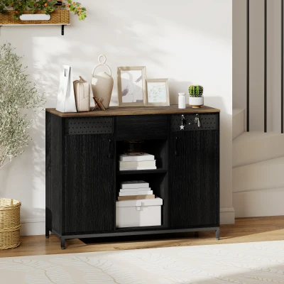 HOMCOM Aparador de 2 Portas com Orifícios 2 Compartimentos e Gaveta Prateleiras Ajustáveis 100x40x80 cm Preto e Castanho Rústico