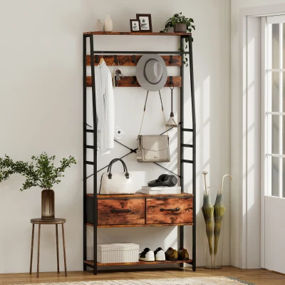 HOMCOM Garderobe mit Schuhregal, Mantelständer mit Sitzbank, 10 Haken, 2 Stoffschubladen, Kleiderstange, Spanplatte, Metall, Braun