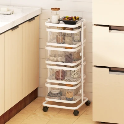 HOMCOM Küchenwagen mit 4 Drahtkörben, rollbar, 33 x 33 x 77 cm, Weiß