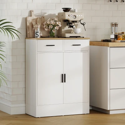 HOMCOM Aparador de Sala de Estar com 2 Gavetas e Prateleiras Ajustáveis 68,6x35x90,3 cm Branco e Madeira