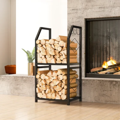 Outsunny Leñero interior/exterior 2 Niveles con 3 Ganchos – 41 x 30 x 81 cm, Negro