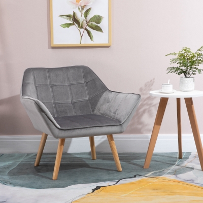 HOMCOM Butaca de Salón Moderna Tapizado en Terciopelo con Asiento Ancho Patas de Madera Sillón Relax para Sala de Estar Gris