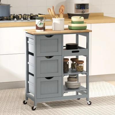 HOMCOM Chariot Cuisine Bois à Roulettes 3 Tiroirs Gris