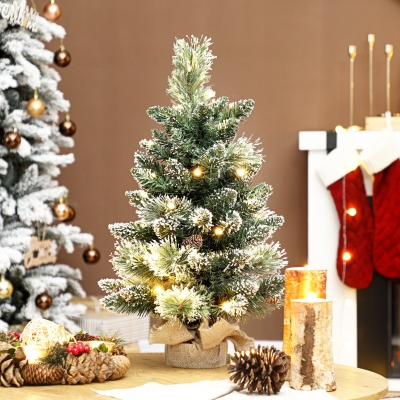 HOMCOM Mini Árbol de Navidad Artificial 60 cm con 35 Luces LED 64 Ramas Densas con Nieve Adornos y Base de Arpillera Verde