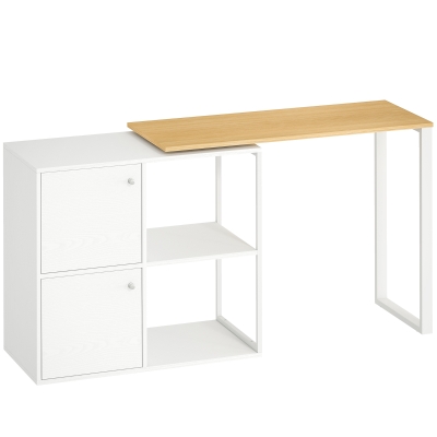 HOMCOM 360° Rotating L-Shaped Corner Desk with Storage — 2 Cabinets & 2 Open Shelves, White/Natural